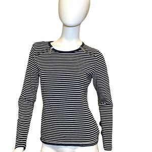 Michael Kors Striped Zipper Long Sleeve Crewneck Tee Navy Blue White S M…